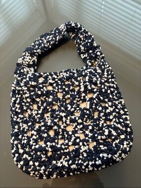 Handcrafted using T-shirt yarn Navy and white Crochet Shoulder/mini Bag